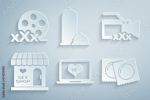 Set Laptop with 18 plus content, Video camera Sex, shop building, Condoms package, safe sex and Film reel icon. Vector