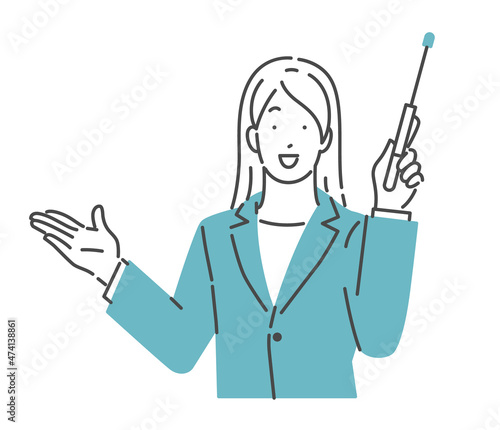 指示棒を持って説明するスーツ女性