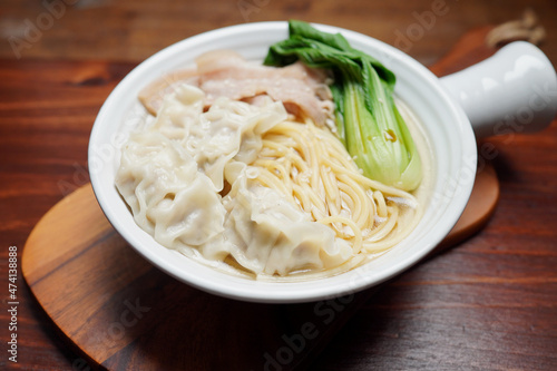 Food Homemade Asian-style pork wonton noodles, green vegetables