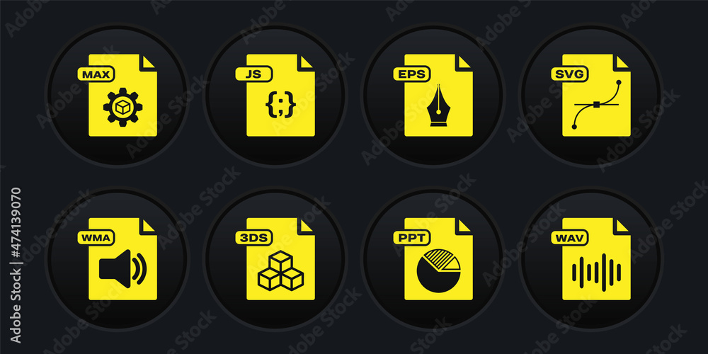 Set WMA file document, SVG, 3DS, PPT, EPS, JS, WAV and MAX icon. Vector Set WMA file document, SVG, 3DS, PPT, EPS, JS, WAV and MAX icon. Vector