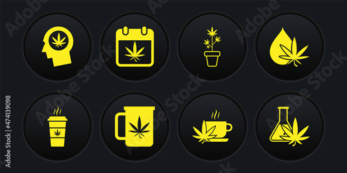 Set Cup coffee with marijuana, Marijuana or cannabis leaf oil, tea, plant in pot, Calendar and, Test tube and Head profile icon. Vector