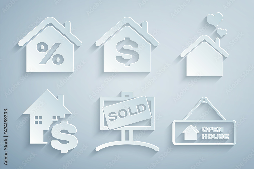 Set Hanging sign with Sold, House heart shape, dollar, Open house, and percant icon. Vector Set Hanging sign with Sold, House heart shape, dollar, Open house, and percant icon. Vector