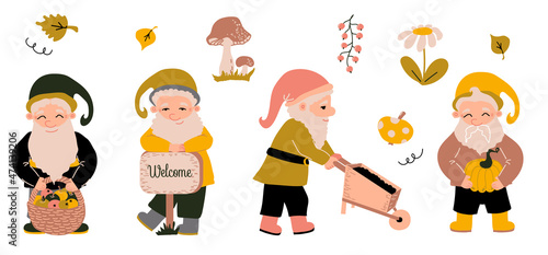 Set of garden gnomes with a basket of apples, a pumpkin and a wheelbarrow with the ground, banner, mushroom, leaves. Collection cute little peoples . Vector illustration.
