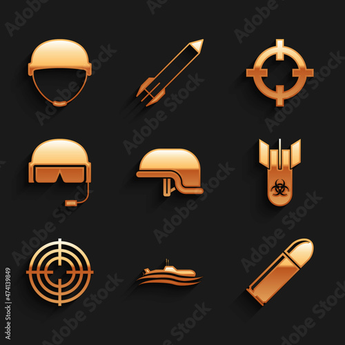 Set Military helmet, Submarine, Bullet, Biohazard bomb, Target sport, and icon. Vector