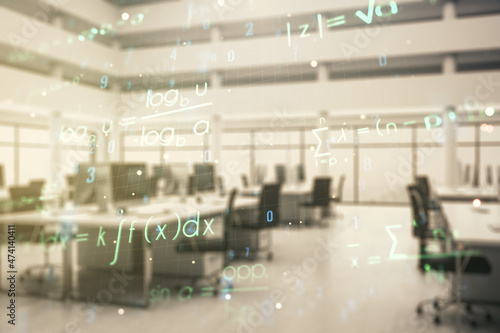 Scientific formula hologram on a modern furnished office interior background, research concept. Multiexposure © Pixels Hunter