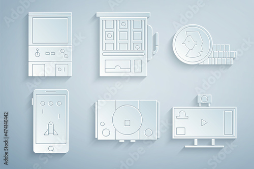 Set Video game console, Coin for, Mobile and playing, Live streaming online, Slot machine and Retro arcade icon. Vector