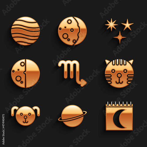 Set Scorpio zodiac, Planet Saturn, Moon phases calendar, Tiger, Dog, Eclipse of the sun, Falling star and Jupiter icon. Vector