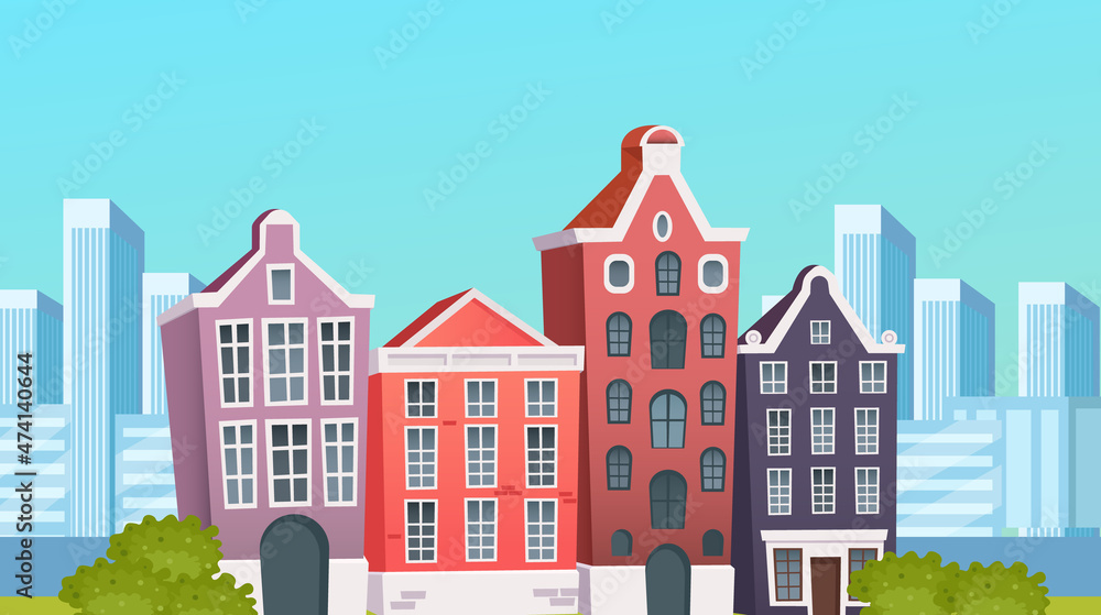 City street with vintage houses building cartoon facades.