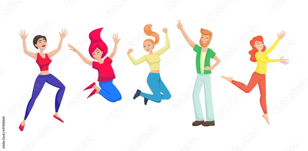 Friends, teenager boys girls together jumping vector