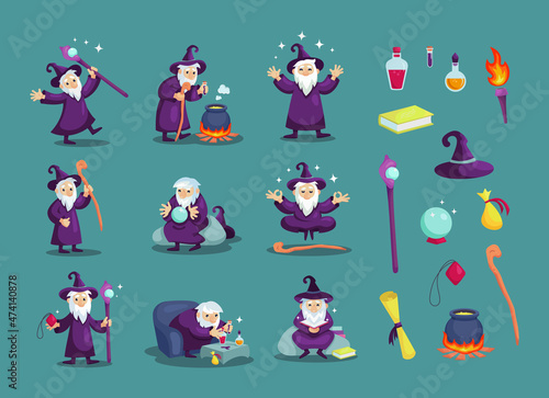 Wizard male character, mage, sorcerer in mantle and hat.