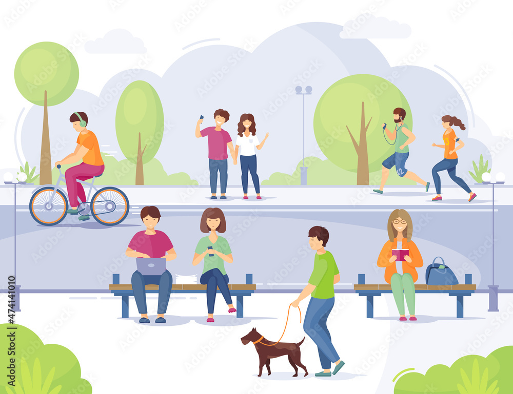 People with bicycles in city park, walking on street, photography selfie, running, talk phone, listen to music. People with bicycles in city park, walking on street, photography selfie, running, talk phone, listen to music.