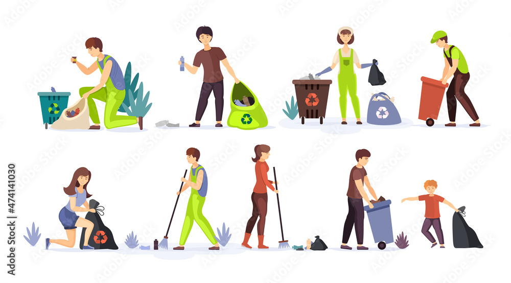 Volunteers clean up household wastes raking sweeping put trash in bags and trash cans