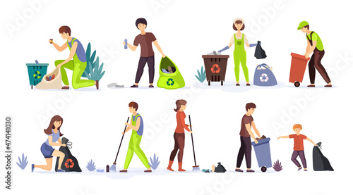 Volunteers clean up household wastes raking sweeping put trash in bags and trash cans