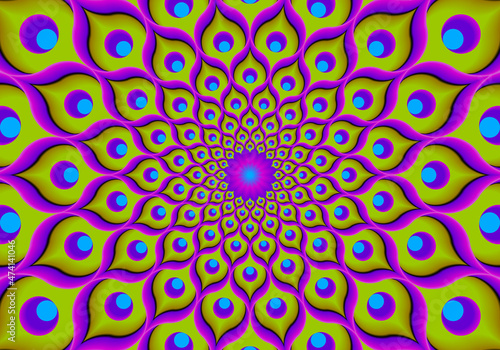 Green flower from feathers of peacock. Flower blossom. Optical expansion illusion.