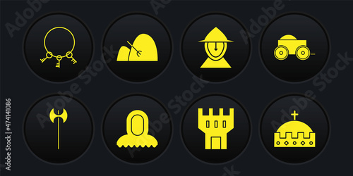 Set Medieval axe, Wooden four-wheel cart, hood, Castle tower, iron helmet, Bale of hay and rake, King crown and Old keys icon. Vector
