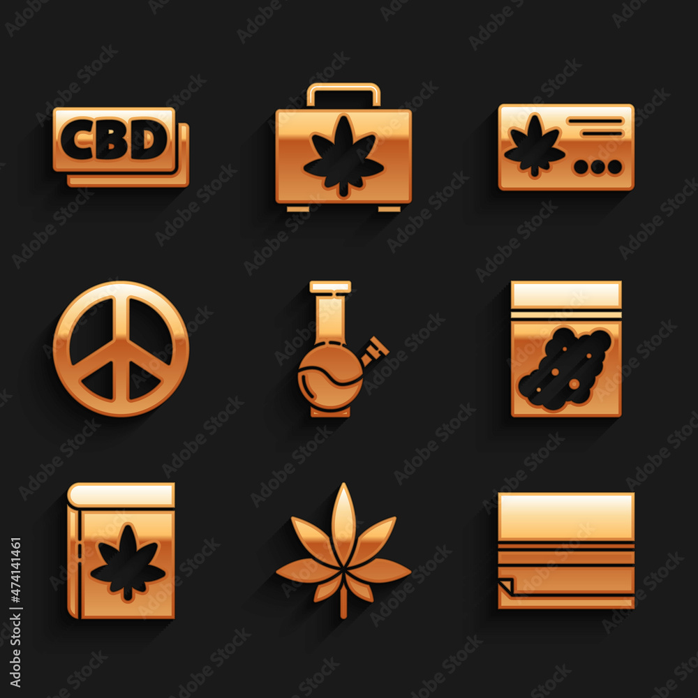 Set Glass bong for smoking marijuana, Marijuana cannabis leaf, Rolling paper, Plastic bag of, Book and, Peace, Calendar and Cannabis molecule icon. Vector Set Glass bong for smoking marijuana, Marijuana cannabis leaf, Rolling paper, Plastic bag of, Book and, Peace, Calendar and Cannabis molecule icon. Vector