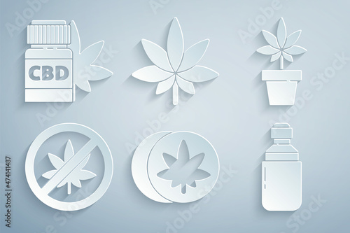 Set Herbal ecstasy tablets, Marijuana or cannabis plant, Stop marijuana leaf, olive oil, and Medical bottle with icon. Vector