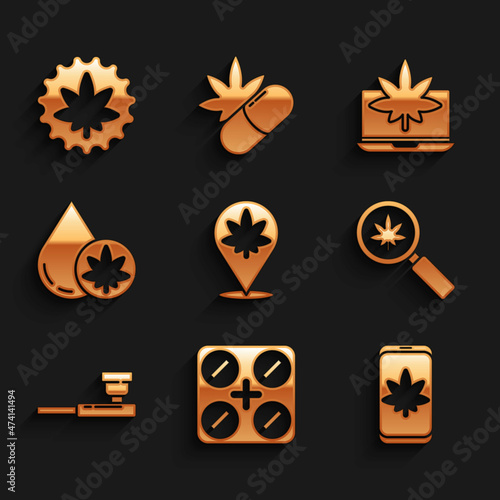 Set Location and marijuana, Medical pills with, Mobile or cannabis, Magnifying glass, Smoking pipe, Marijuana olive oil, Laptop and leaf icon. Vector