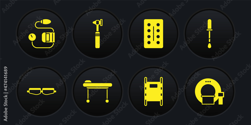 Set Safety goggle glasses, Pipette, Stretcher, Pills in blister pack, Medical otoscope tool, Tomography and Blood pressure icon. Vector Set Safety goggle glasses, Pipette, Stretcher, Pills in blister pack, Medical otoscope tool, Tomography and Blood pressure icon. Vector