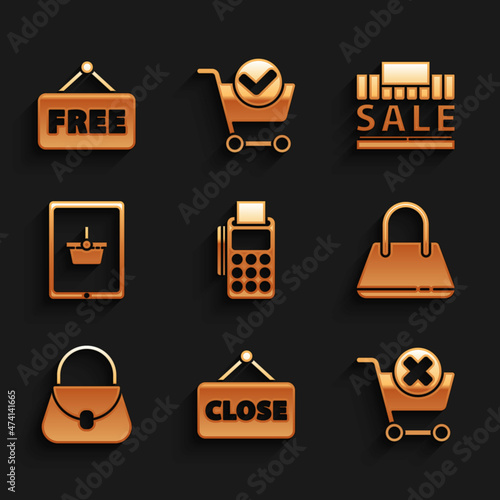 Set POS terminal with credit card, Hanging sign Closed, Remove shopping cart, Handbag, Shopping basket on tablet, building sale and Price tag text Free icon. Vector