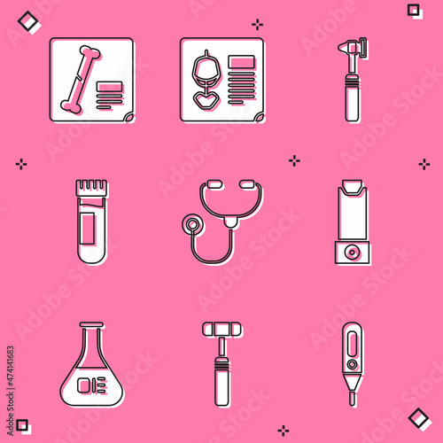 Set X-ray shots, Medical otoscope tool, Test tube with blood, Stethoscope, Inhaler, and flask and Neurology reflex hammer icon. Vector