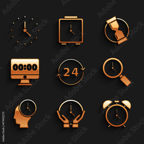 Set Clock 24 hours, Alarm clock, Magnifying glass with, Time Management, on monitor, Old hourglass and icon. Vector
