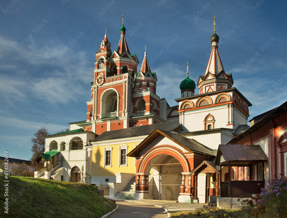 Belfry, church of Transfiguration and refectory church of Icon of Our Lady of Kazan at Savvino-Storozhevsky monastery (Storozhi monastery of St. Savva). Zvenigorod. Russia