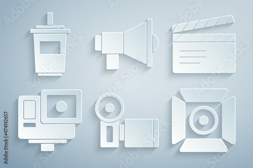 Set Cinema camera, Movie clapper, Action extreme, spotlight, Megaphone and Paper glass with water icon. Vector