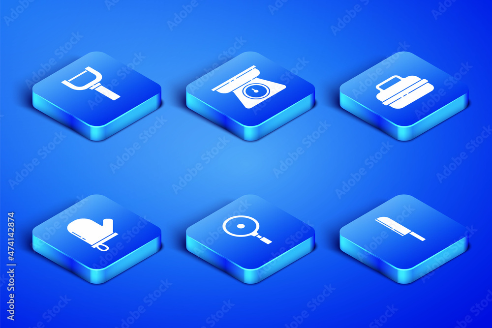 Set Knife, Peeler, Frying pan, Oven glove, Scales and Cooking pot icon. Vector Set Knife, Peeler, Frying pan, Oven glove, Scales and Cooking pot icon. Vector