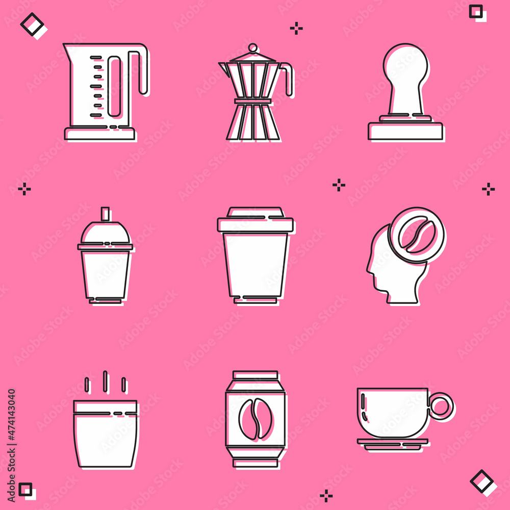 Set Electric kettle, Coffee moca pot, tamper, cup to go, Barista, and Bag coffee beans icon. Vector Set Electric kettle, Coffee moca pot, tamper, cup to go, Barista, and Bag coffee beans icon. Vector