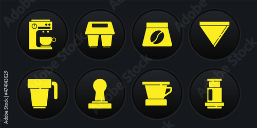 Set Coffee cup, paper filter, tamper, V60 coffee maker, Bag beans, to go, Aeropress and machine icon. Vector