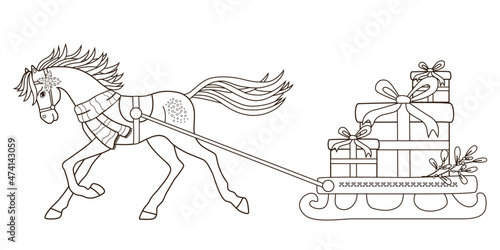 A Christmas running horse in a scarf and a sled with gifts. Сoloring page