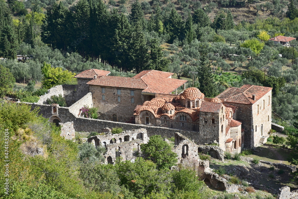 Saint Dimitrios Orthodox church in ancient village Mystras in Greece.