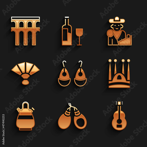 Set Earrings, Castanets, Spanish guitar, Sagrada Familia, Sangria pitcher, Fan flamenco, Bullfight, matador and Aqueduct of Segovia icon. Vector