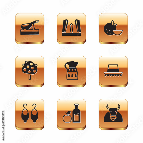 Set Spanish jamon, Earrings, Apple cider bottle, Sangria pitcher, Orange tree, fruit, Bull and Gate of Europe icon. Vector