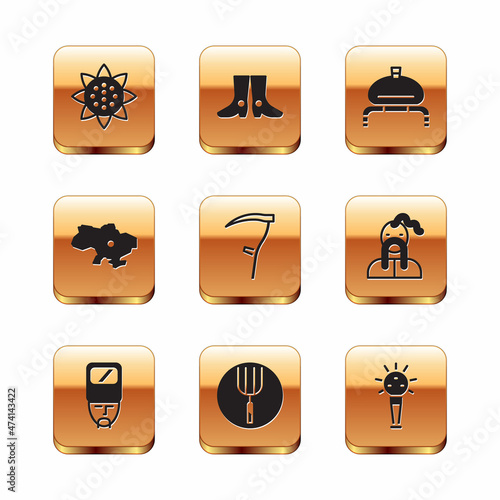 Set Sunflower, Ukrainian cossack, Garden pitchfork, Scythe, Map of Ukraine, Bread and salt, Mace and footwear icon. Vector