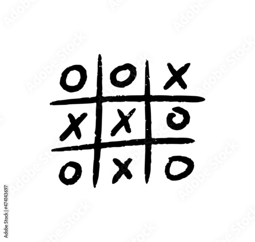 Hand drawn tic tac toe game. X-O children game. Play a tictactoe draw. Vector illustration in doodle style on white background. photo