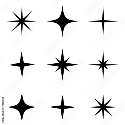 Shine sparkle star icon set. Twinkle star black silhouette for sparkle  glitter light  magic flare effect. Isolated vector illustration.