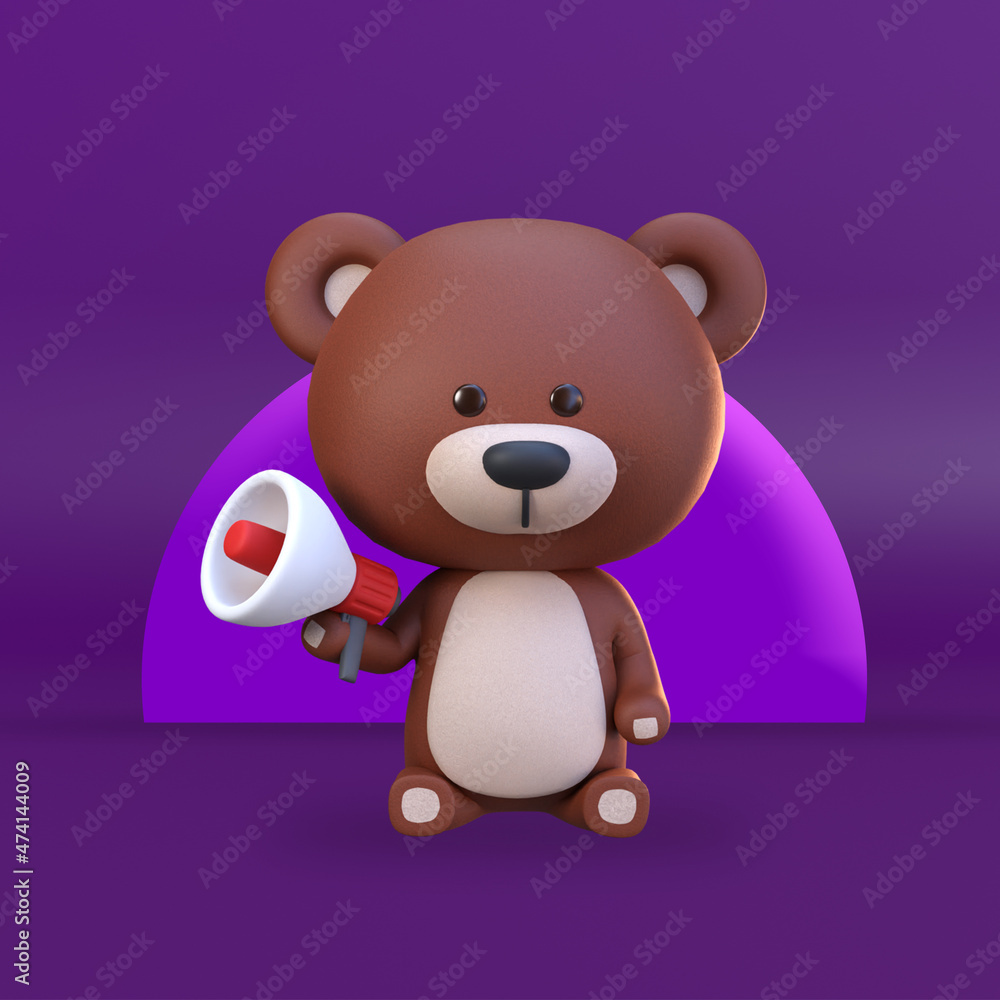 Obraz premium 3d rendering of cute bear character holding megaphone marketing illustration