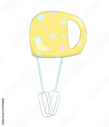 Nice cartoon yellow polka dot mixer. An electrical device for a fairy-tale character or doll. Toy kitchen. Hand drawn vector illustration