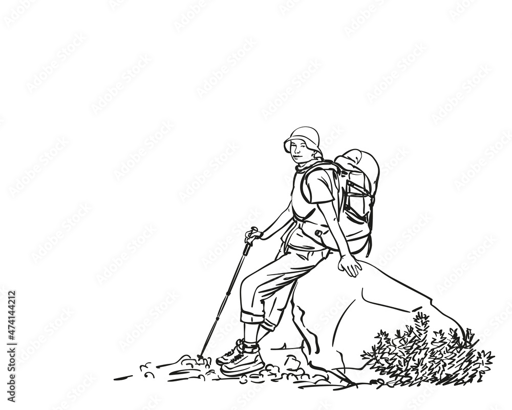 Female trekker with backpack sitting and resting on big rock, Hand drawn vector linear illustration Female trekker with backpack sitting and resting on big rock, Hand drawn vector linear illustration
