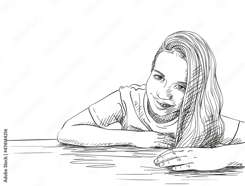 Poster Beautiful preteen girl portrait with long hair on one side ...