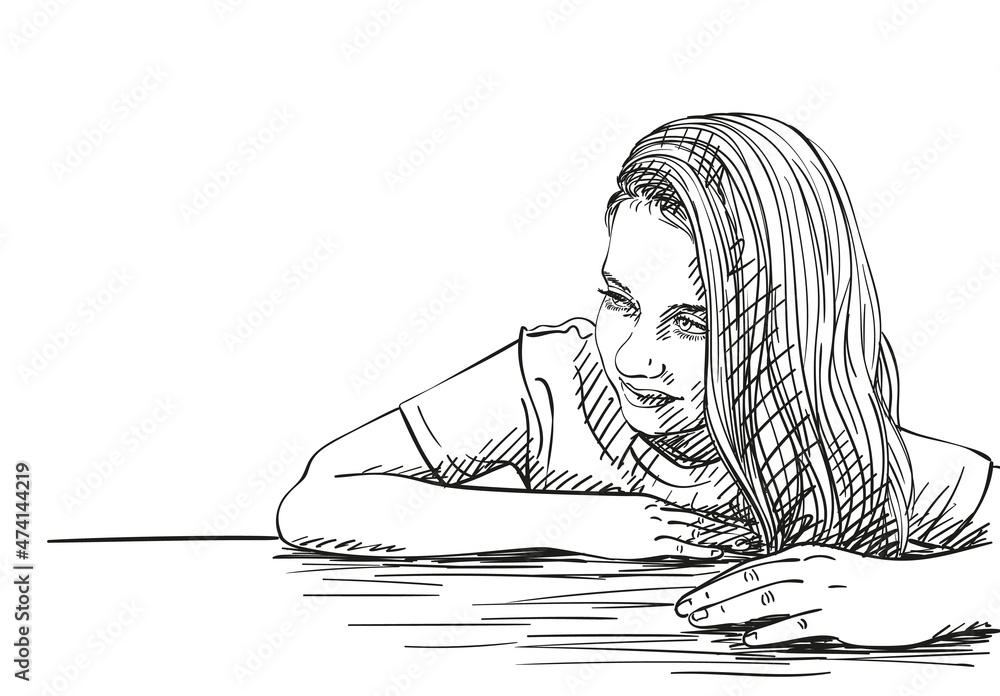 Beautiful shy preteen girl portrait with long hair on one side sitting ...