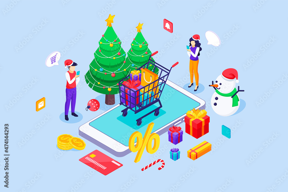Young people are shopping online with a giant smartphone on Christmas Sale day. Christmas tree, Snowman, Shopping cart, and gift boxes. Isometric Vector Illustration Young people are shopping online with a giant smartphone on Christmas Sale day. Christmas tree, Snowman, Shopping cart, and gift boxes. Isometric Vector Illustration