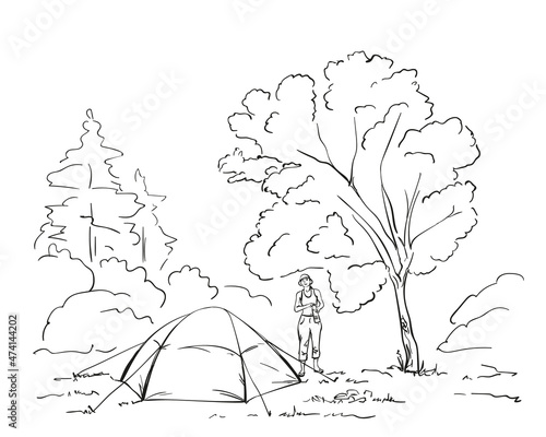 Sketch of tent and woman at campsite under big tree in forest, Hand drawn vector linear illustration