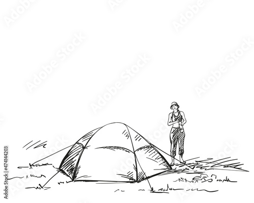 Sketch of female tourist standing next to tent, Hand drawn vector illustration