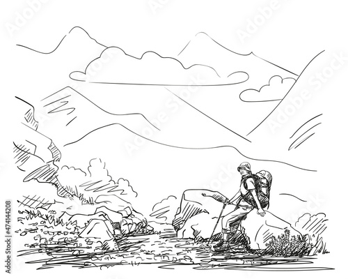 Female trekker with backpack sitting on big stone with mountain landscape on background, Hand drawn vector illustration