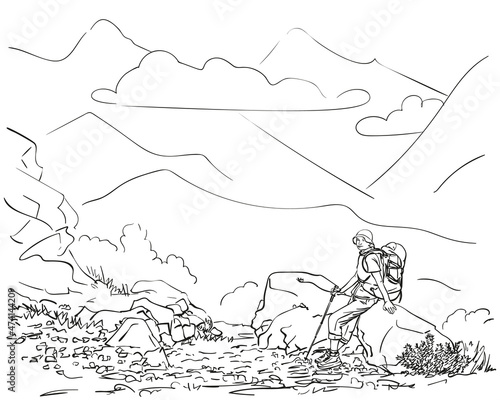 Female trekker with backpack sitting on big stone with mountain landscape on background, Hand drawn vector linear illustration