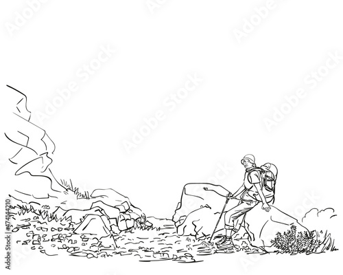 Female trekker with backpack sitting and resting on big rock, Hand drawn vector linear illustration