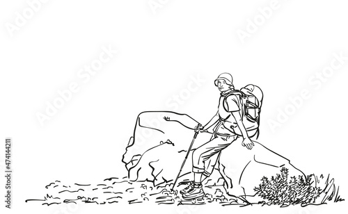 Female trekker with backpack sitting and resting on big rock, Hand drawn vector linear illustration